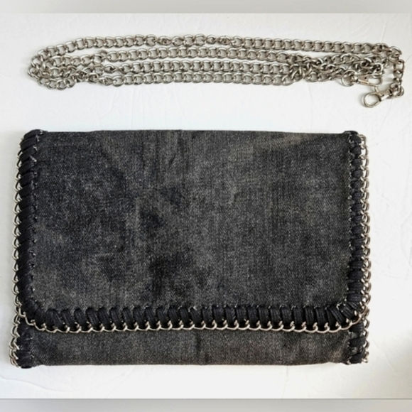 URBAN EXPRESSIONS BLACK DENIM CROSSBODY SILVER CHAIN - Picture 4 of 10